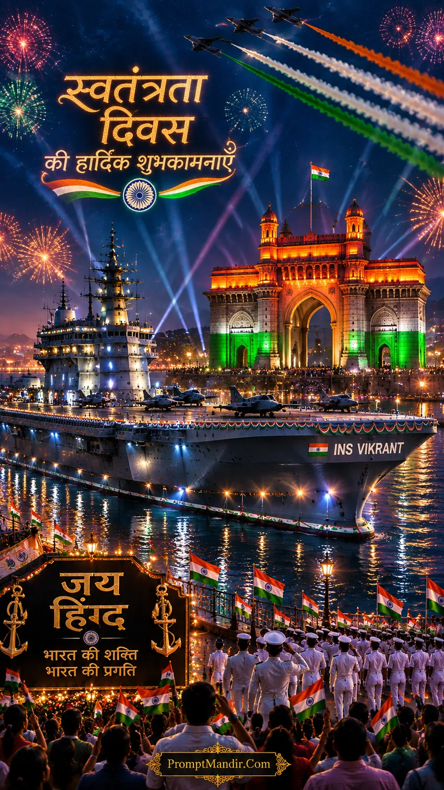 The INS Vikrant aircraft carrier and the Gateway of India at night, with a jet flypast, fireworks, and naval personnel celebrating