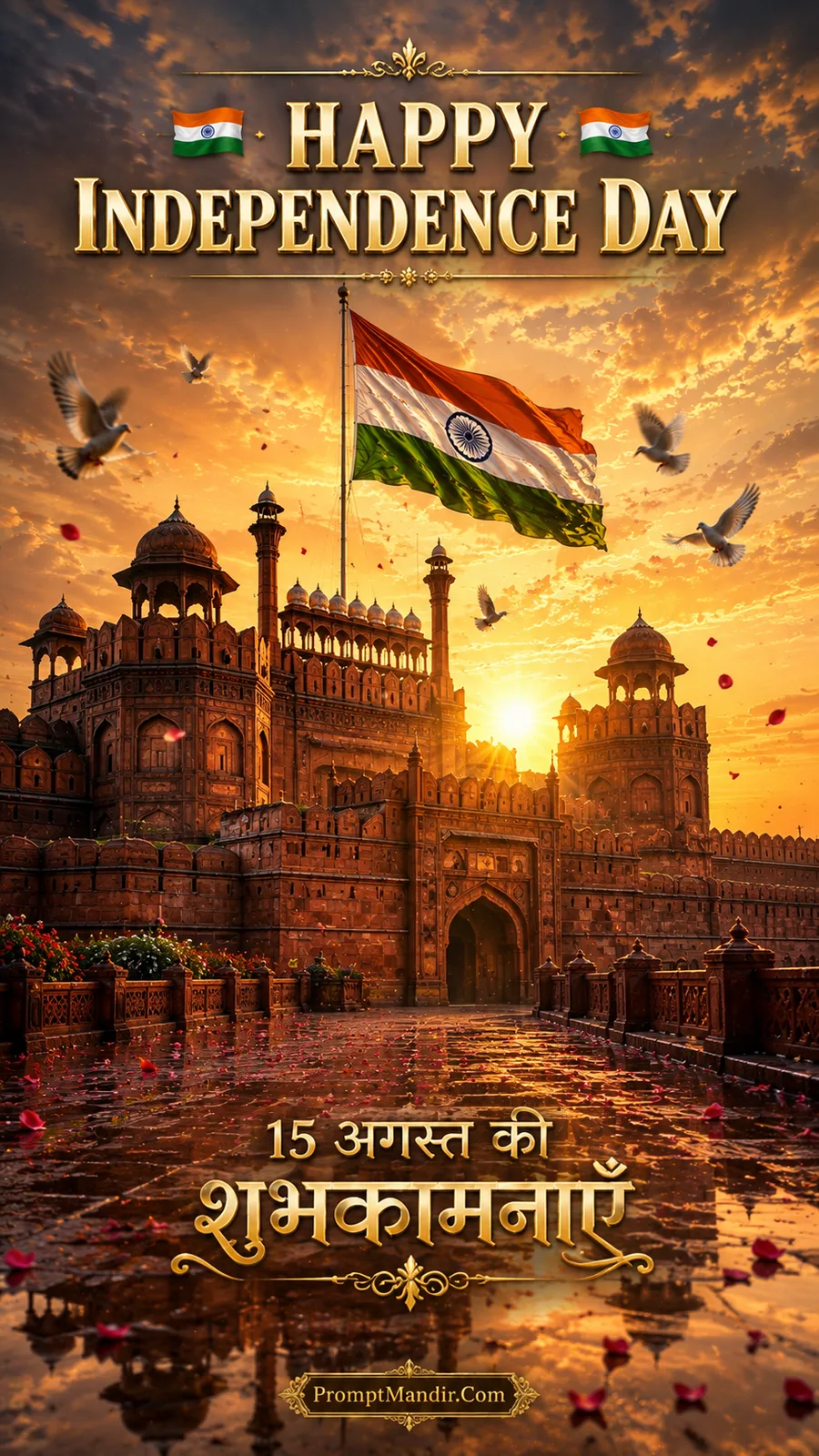 The Red Fort at sunrise, with the Tricolour flying high, white doves flying, and a solemn yet celebratory atmosphere