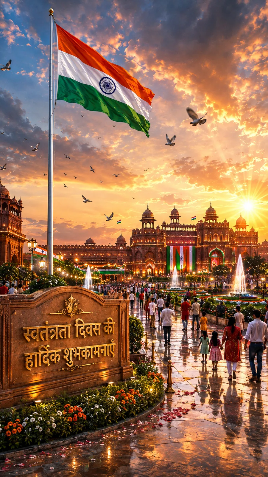 A grand government building complex at sunrise, with a giant flag, fountains, a flypast, and a welcoming atmosphere for Independence Day