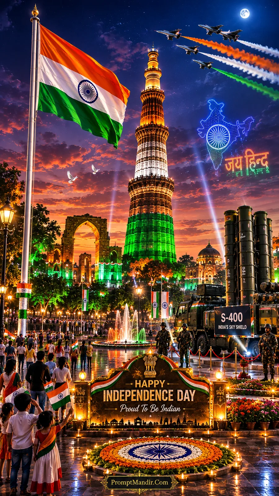 The Qutub Minar at night, illuminated in Tricolour lights, with a jet flypast, the S-400 missile system, and a festive crowd