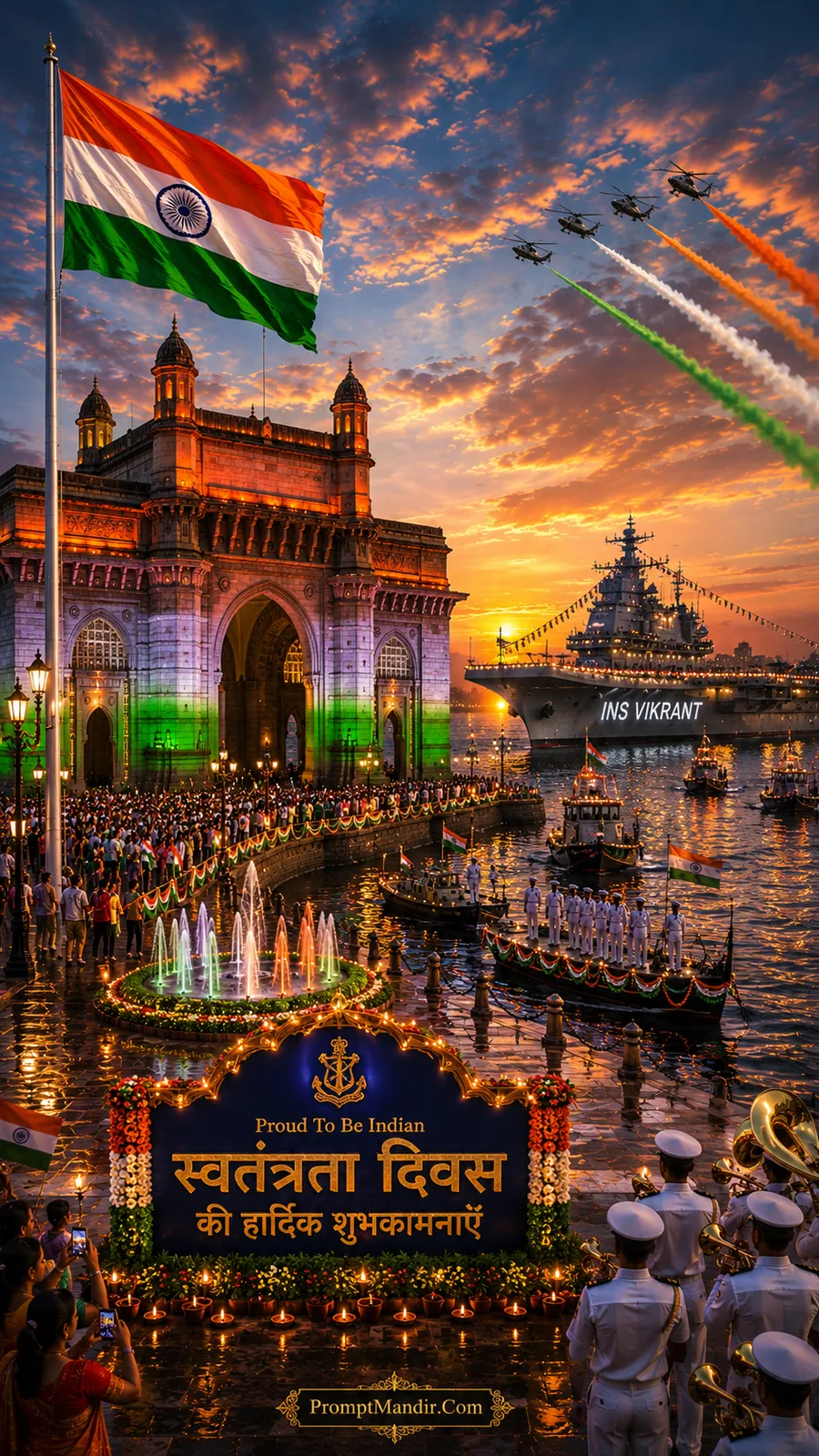 The Gateway of India at sunrise, with the INS Vikrant aircraft carrier in the background, a naval band, and a celebration of naval strength