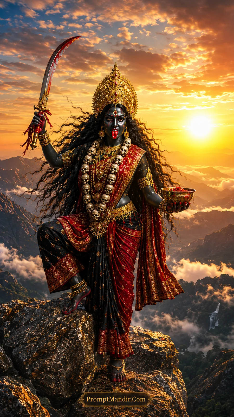 Goddess Kali standing on a rocky mountain peak at sunset, holding a bloody sword and a skull bowl, with her tongue out