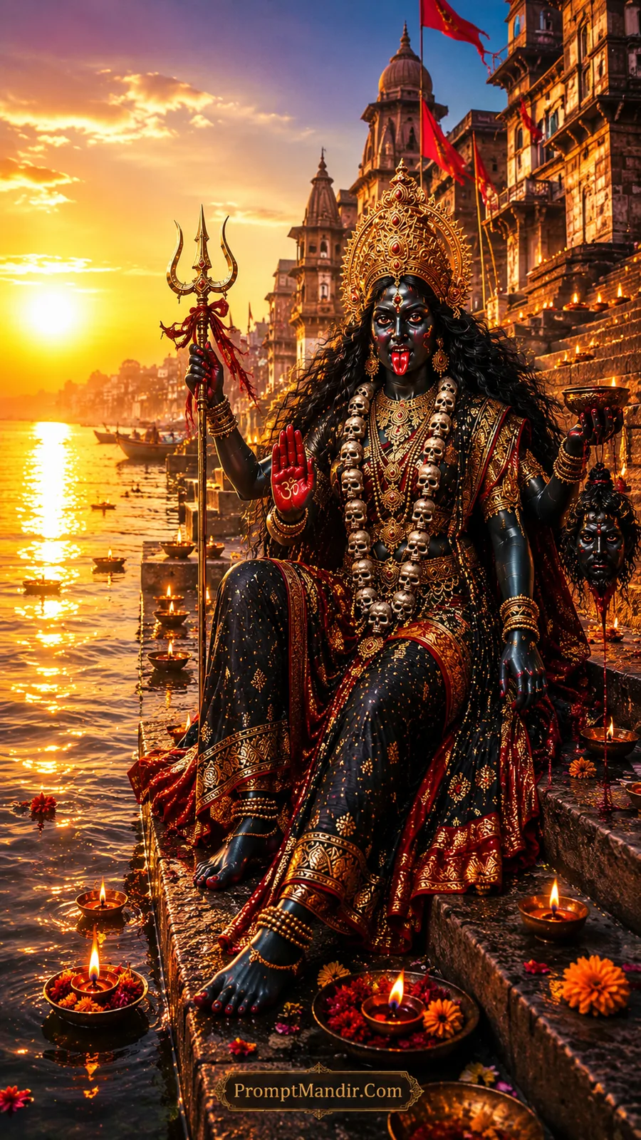 Goddess Kali sitting on the steps of a river ghat at sunset, holding a Trishul and a severed head, with her tongue out