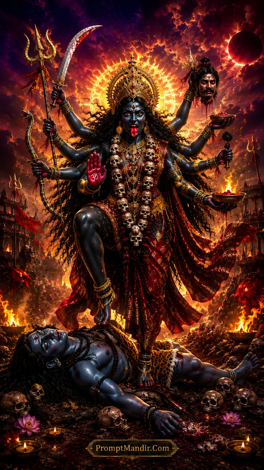 Goddess Kali standing on Lord Shiva's chest, holding a sword, a severed head, and a Trishul, with a red solar eclipse in the background