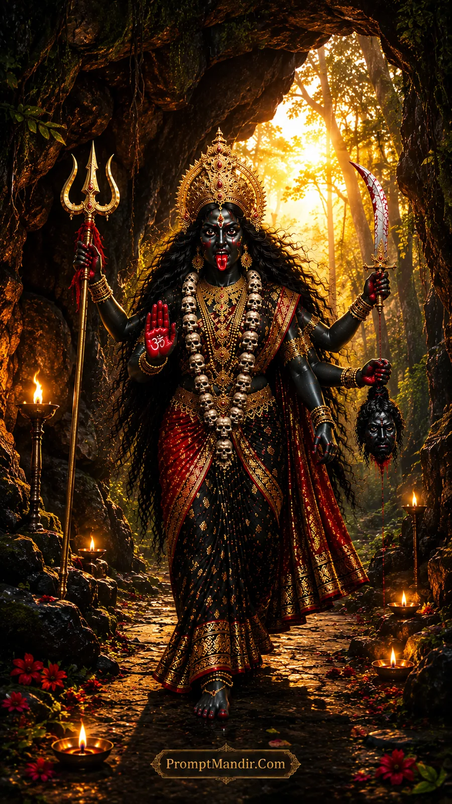 Goddess Kali walking through a dark cave with a glowing opening, holding a Trishul, a sword, and a severed head