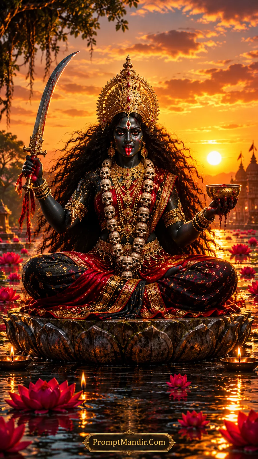 Goddess Kali sitting on a giant lotus throne in a lake at sunset, holding a bloody sword and a skull bowl