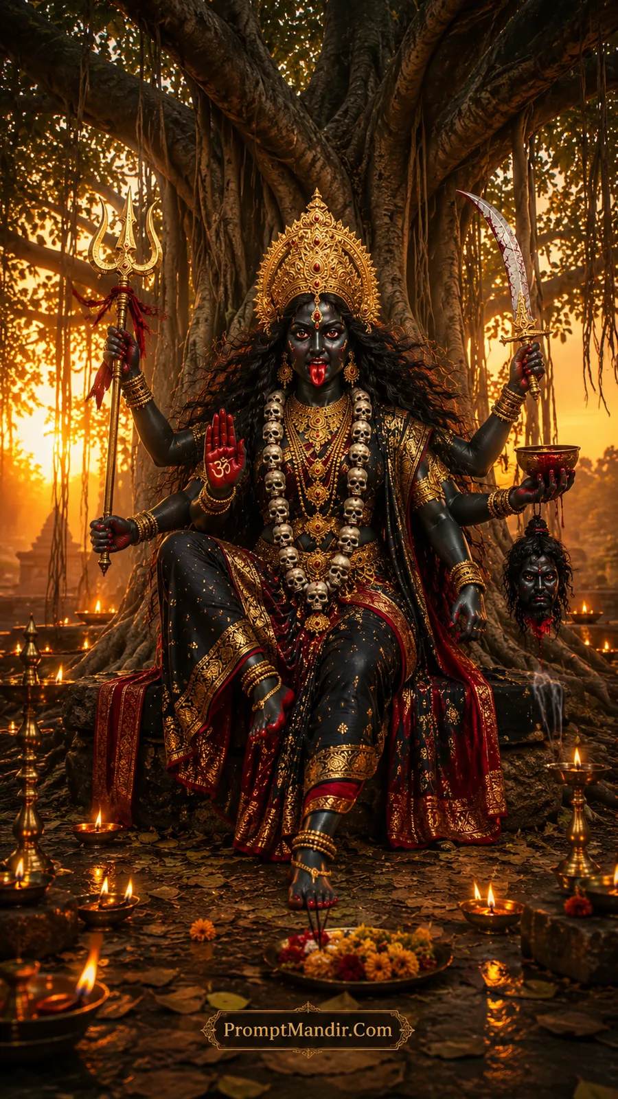 Goddess Kali sitting under a massive banyan tree, holding a Trishul, a sword, and a severed head, with lit diyas nearby