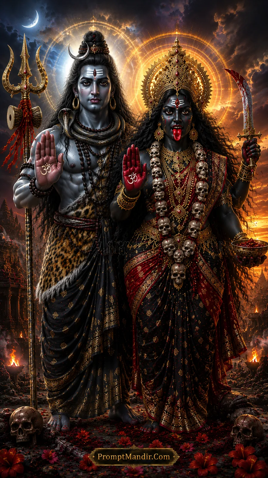 Lord Shiva and Goddess Kali standing side by side, both blessing with one hand, with a crescent moon and golden halos