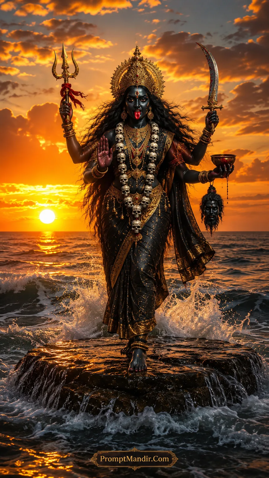 Goddess Kali standing on a rock in the ocean at sunset, with waves crashing around her, holding a Trishul, a sword, and a severed head