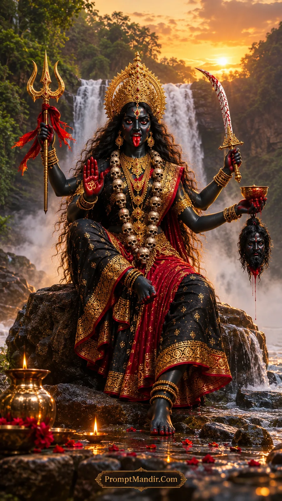 Goddess Kali sitting by a waterfall at sunset, holding a Trishul, a bloody sword, and a severed head