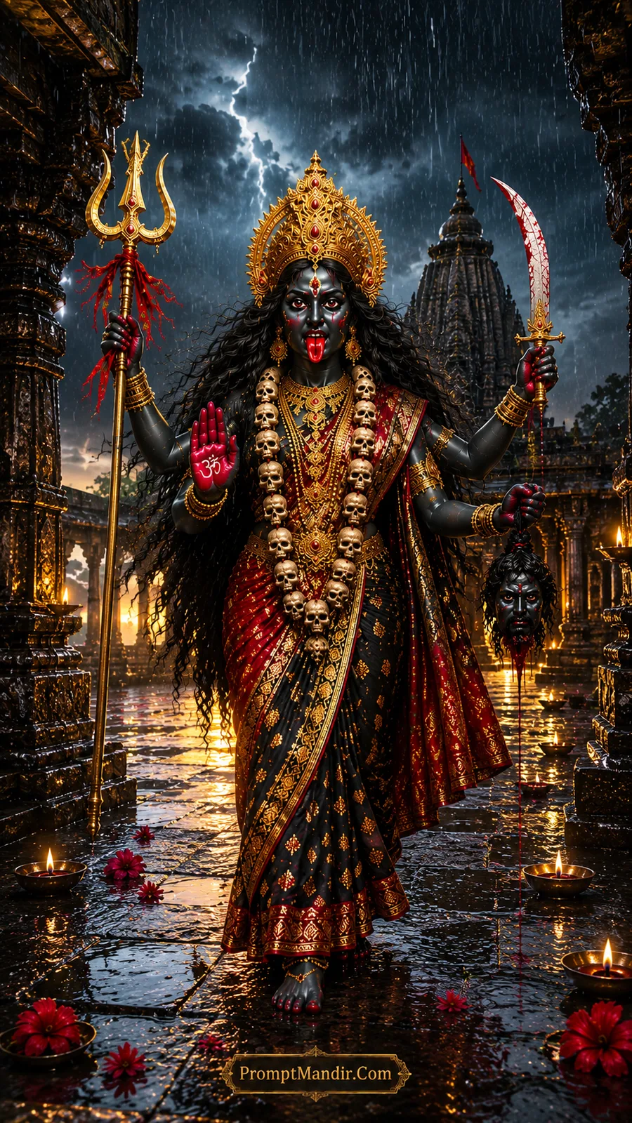 Goddess Kali walking through a temple courtyard in a thunderstorm, holding a Trishul and a sword, with lightning flashing in the sky