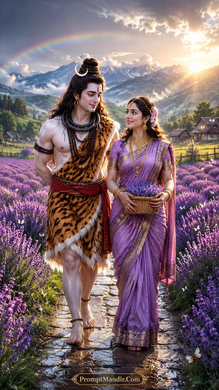 Lord Shiva and Goddess Parvati walking hand-in-hand through a blooming lavender field, with a rainbow and snowy mountains in the background
