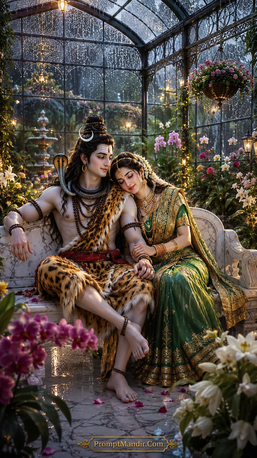 Lord Shiva and Parvati sitting close together on a marble bench in a glass greenhouse, with flowers and rain streaming down the glass roof