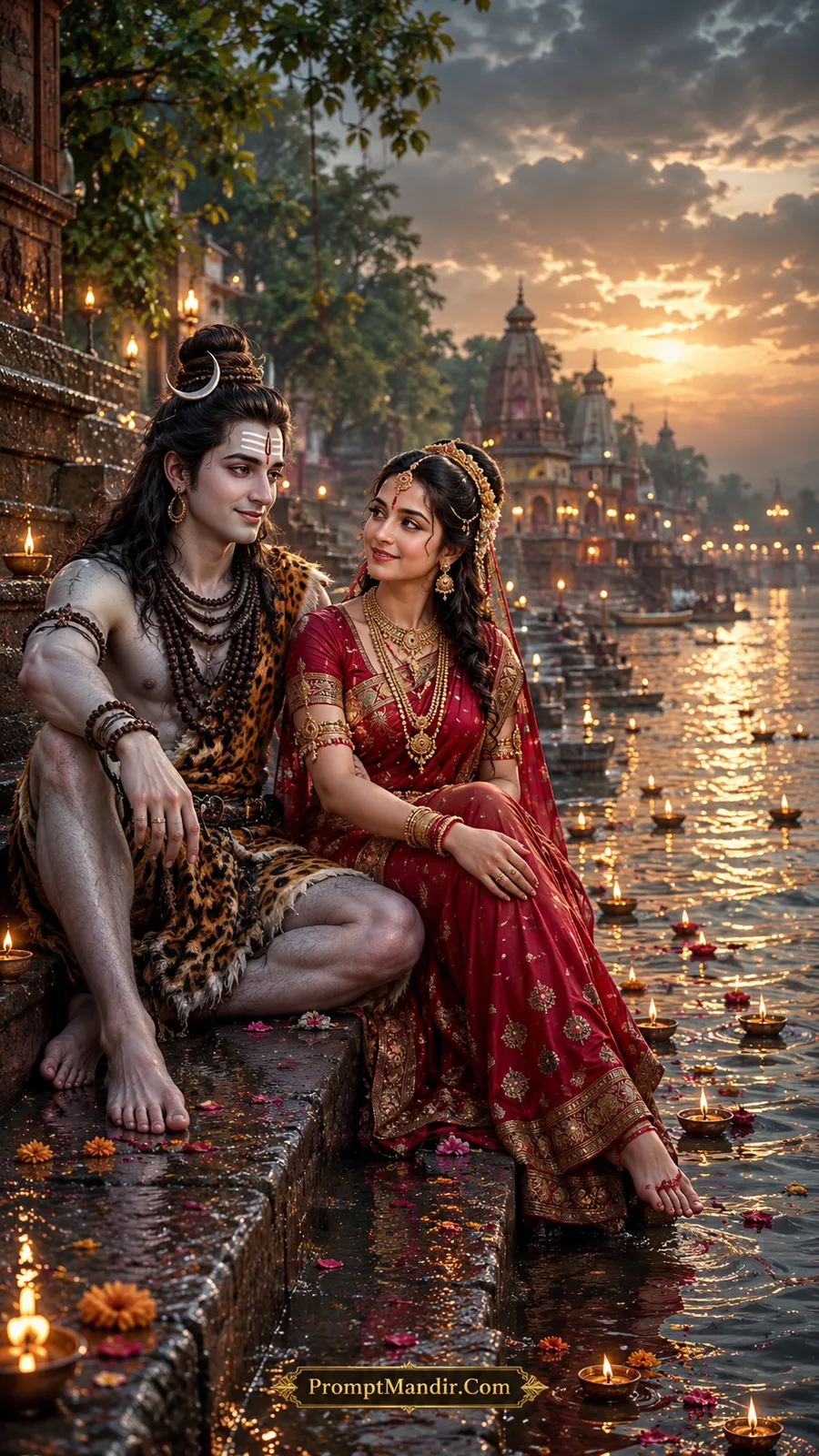 Shiva and Parvati sitting on the steps of a river ghat at sunset, with floating diyas and a glowing temple in the background