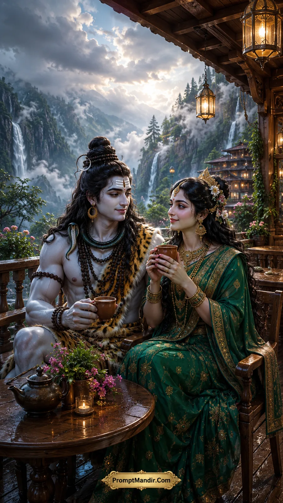 Shiva and Parvati sitting on a wooden balcony, holding cups of tea, looking at each other with a waterfall and misty mountains in the background