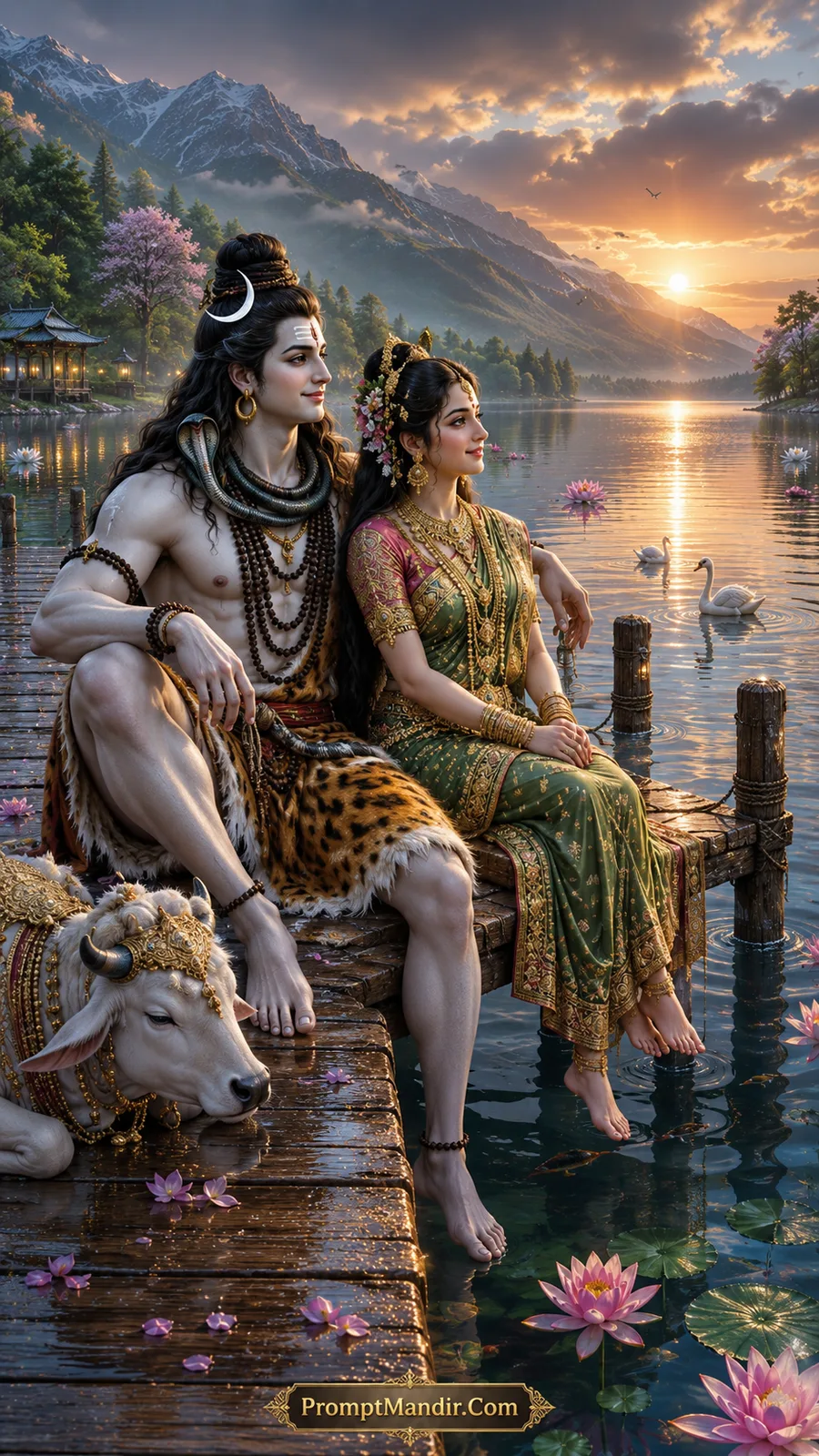 Shiva and Parvati sitting on a wooden dock by a calm lake with lotus flowers and swans, Nandi resting beside them