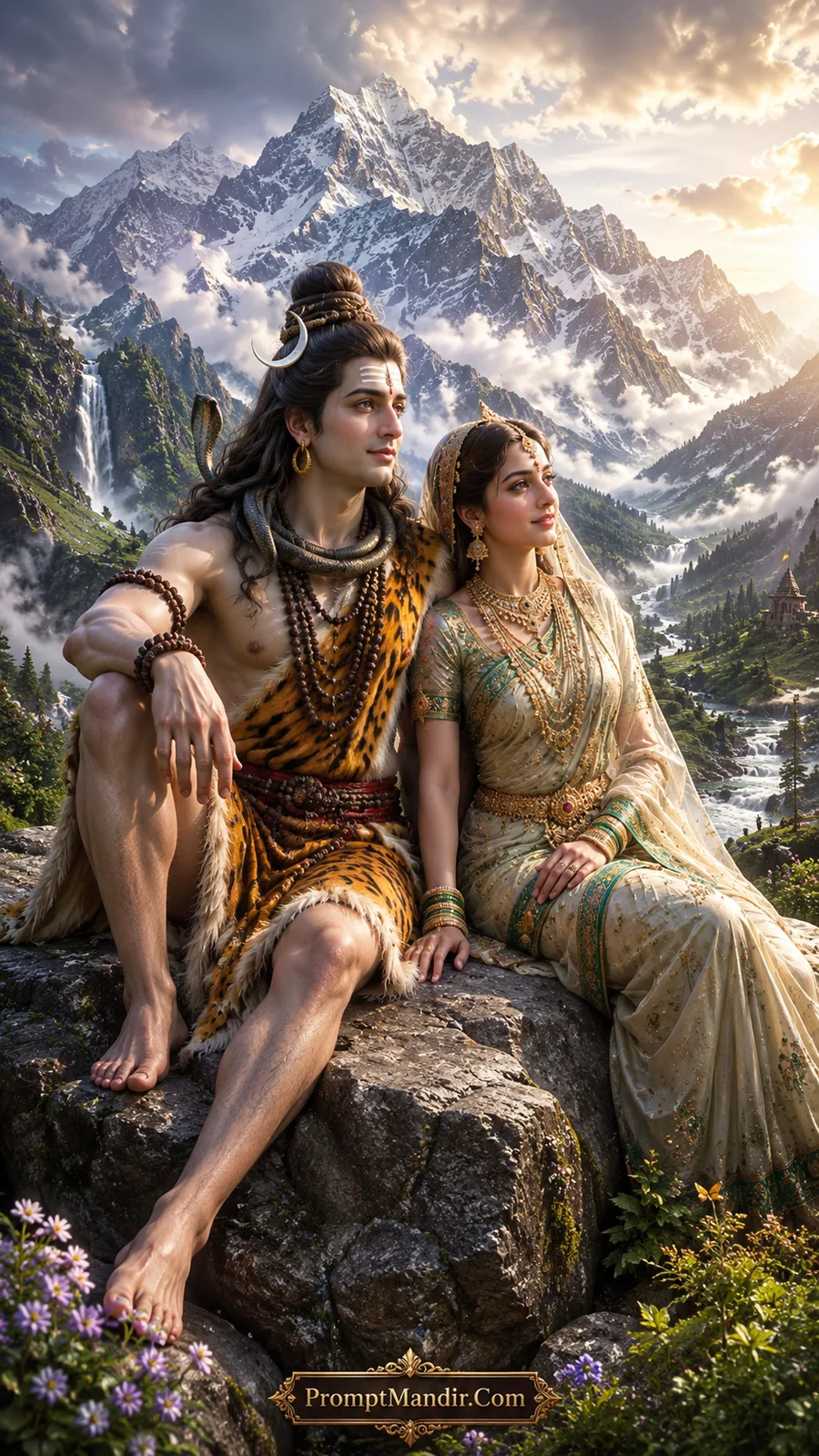 Shiva and Parvati sitting on a rocky hilltop, looking out over the Himalayas and a valley