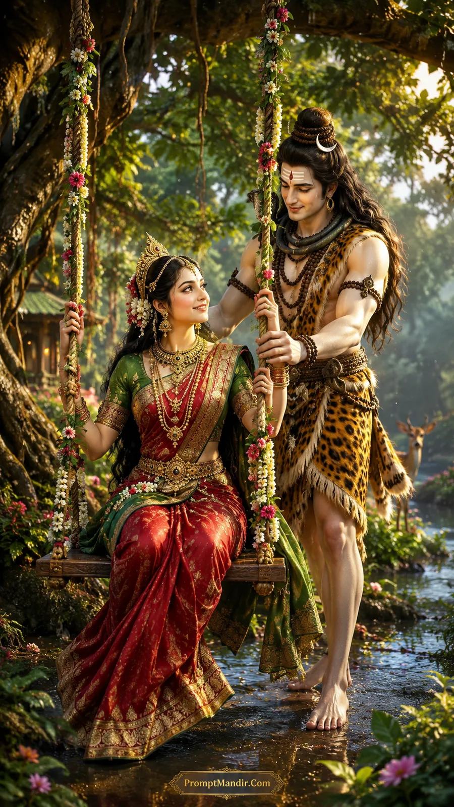 Lord Shiva pushing Parvati on a flower-adorned swing under a large tree, with a deer watching in the background