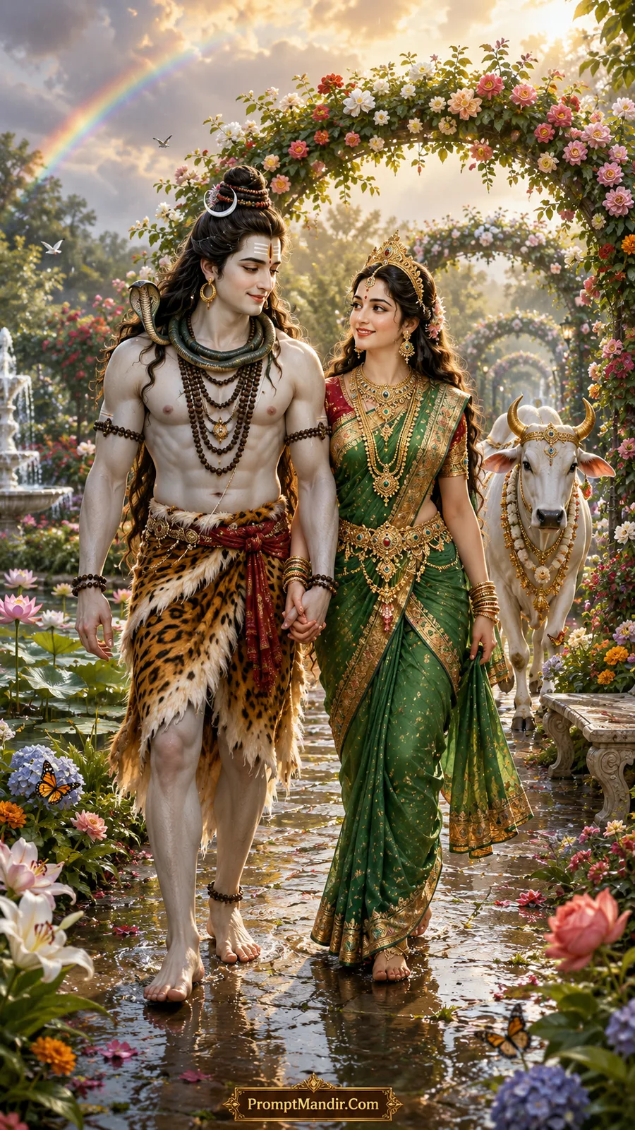 Shiva and Parvati holding hands and walking through a lush garden with a rainbow, fountains, and Nandi following them