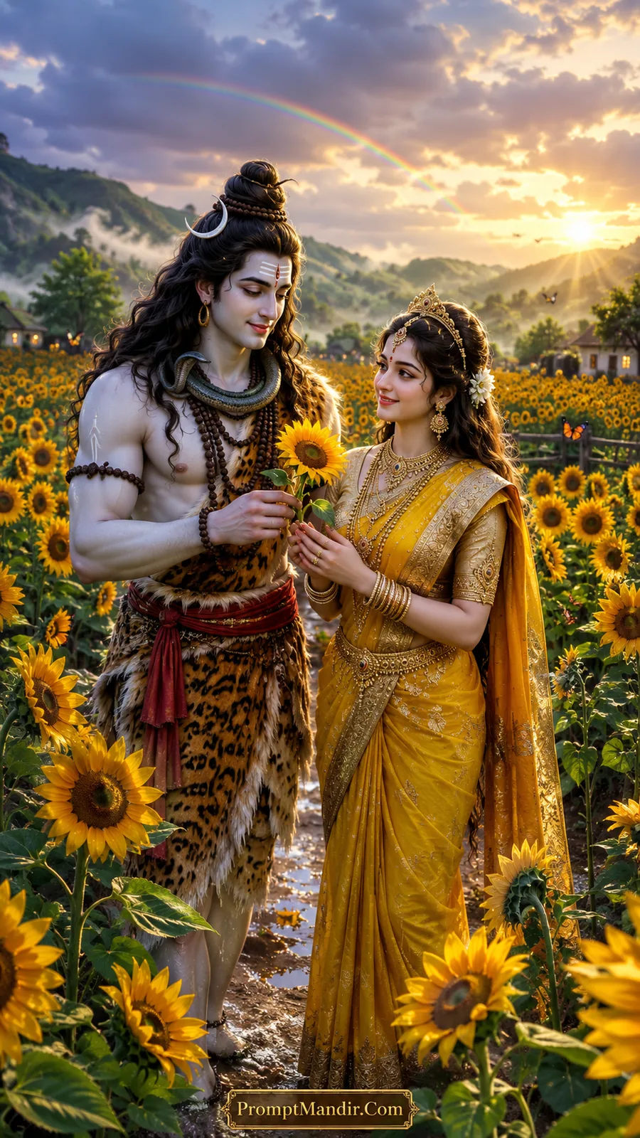 Shiva and Parvati standing in a field of sunflowers, with Shiva gently touching a sunflower as Parvati watches him