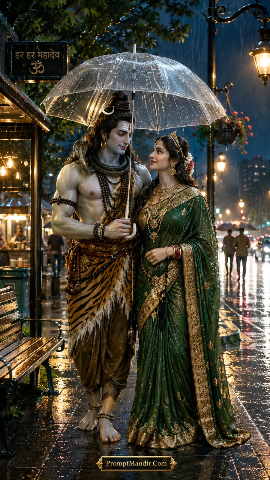 Shiva and Parvati standing under a clear umbrella in the rain, on a city street with neon lights and wet reflections