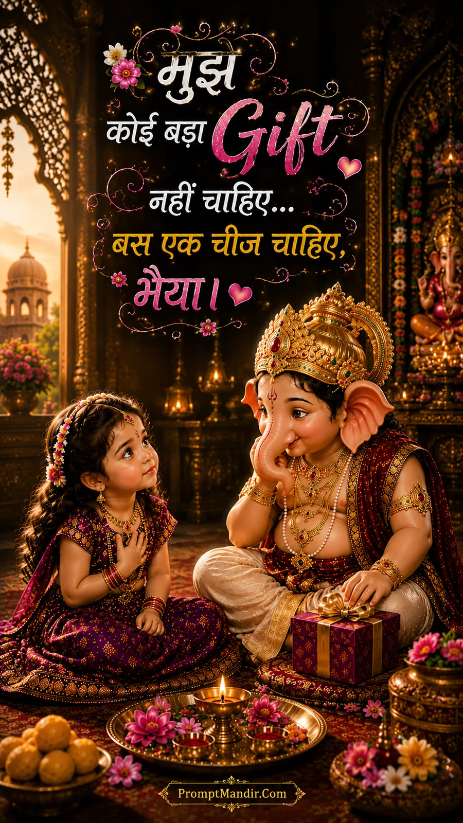 An adorable baby Ganesha sitting with his little sister in a beautifully decorated palace, with a gift box and a message about the true meaning of love.