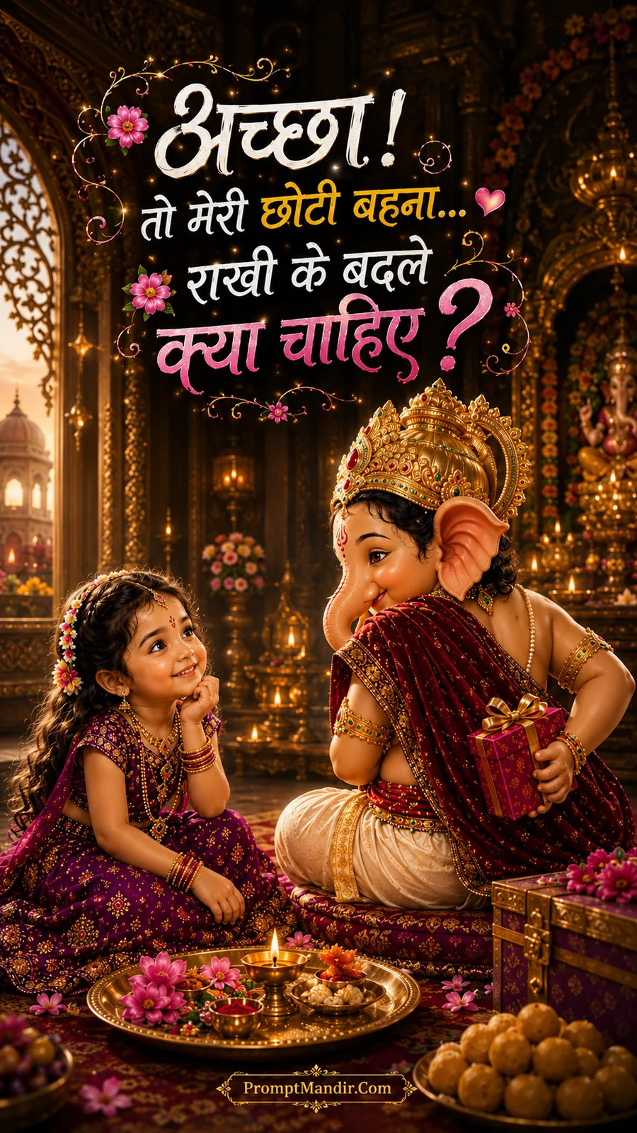 Adorable baby Ganesha sitting with his little sister, who is asking what she wants for Raksha Bandhan, with a gift box nearby.