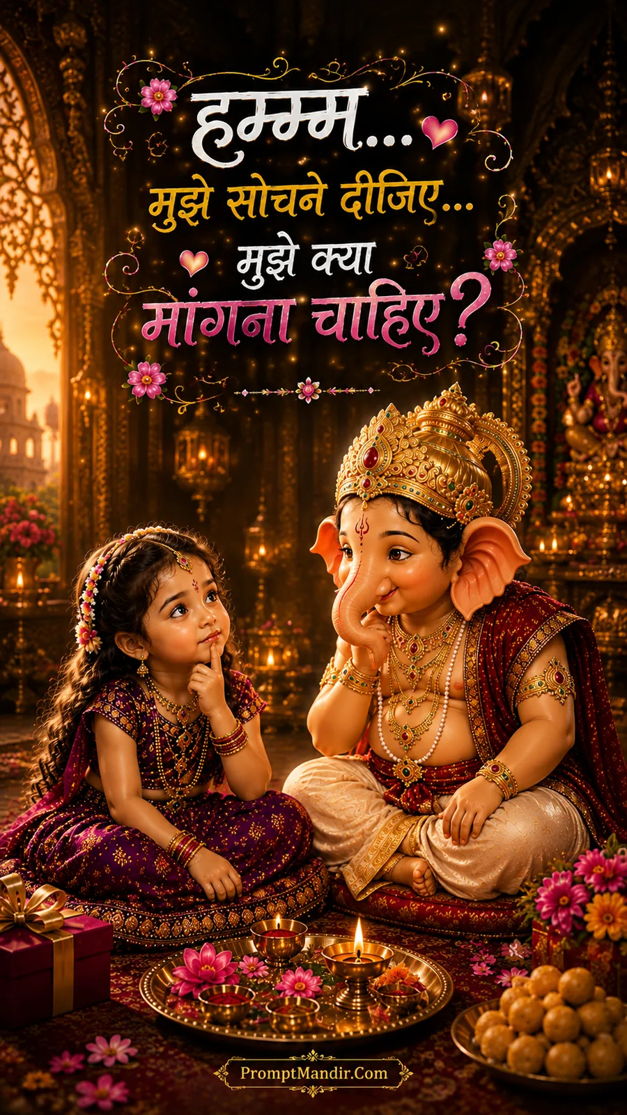 Adorable baby Ganesha sitting with his little sister, who is thinking about what to ask for, with a puja thali and gift box.