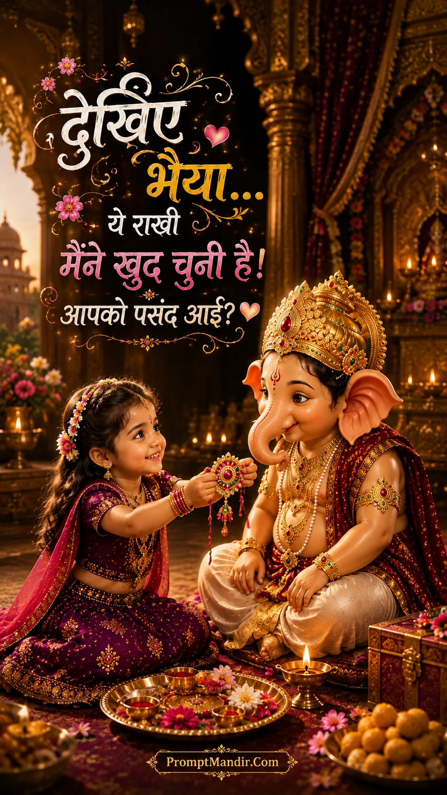 Adorable baby Ganesha receiving a beautiful Rakhi from his little sister, who has chosen it herself, in a grand palace setting.