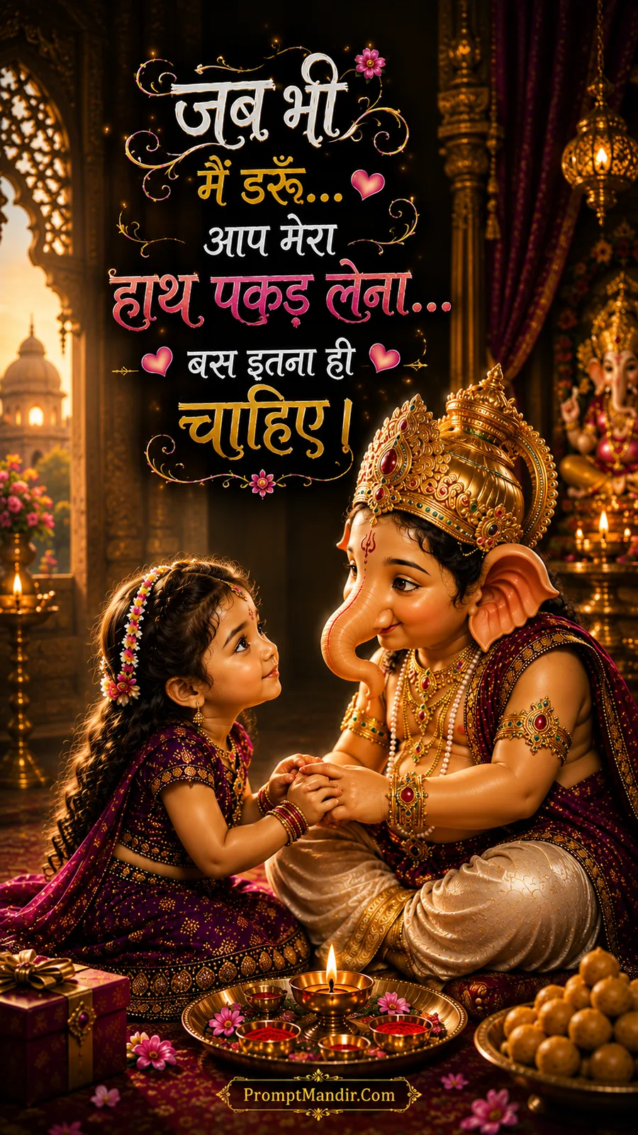 Adorable baby Ganesha holding his little sister's hands, comforting her, with a message about safety and support.