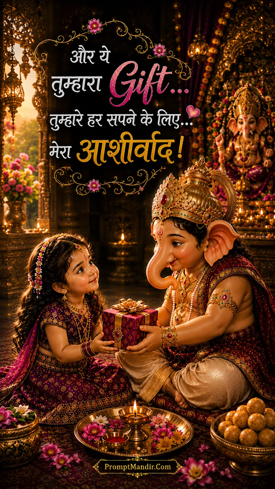 Adorable baby Ganesha giving a gift box to his little sister, with a message about blessings and support for her dreams.