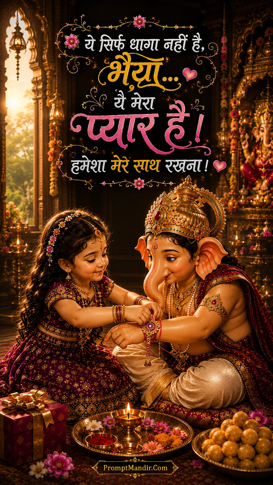 Adorable baby Ganesha tying a Rakhi on his little sister's wrist, with a message about the thread being a symbol of love.