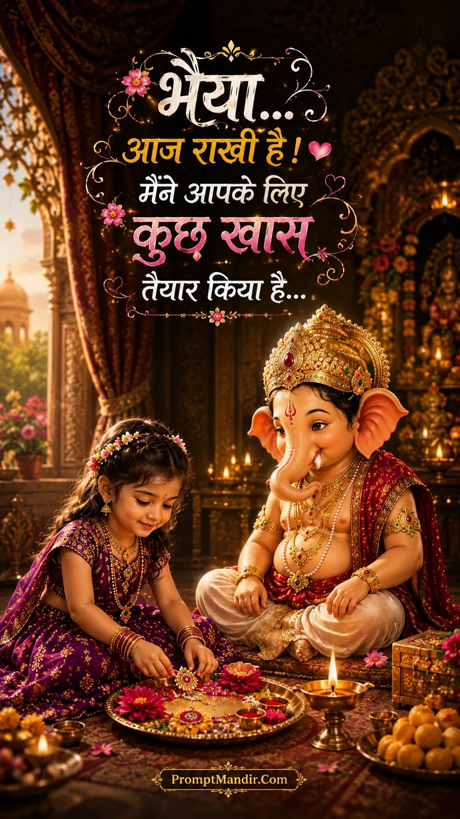 Adorable baby Ganesha watching his little sister prepare a puja thali with sweets and flowers for Raksha Bandhan.