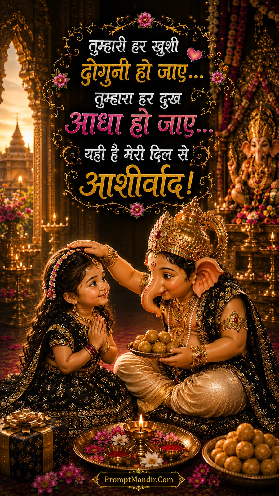 Adorable baby Ganesha blessing his little sister and giving her a plate of laddoos, with a message about sharing happiness.