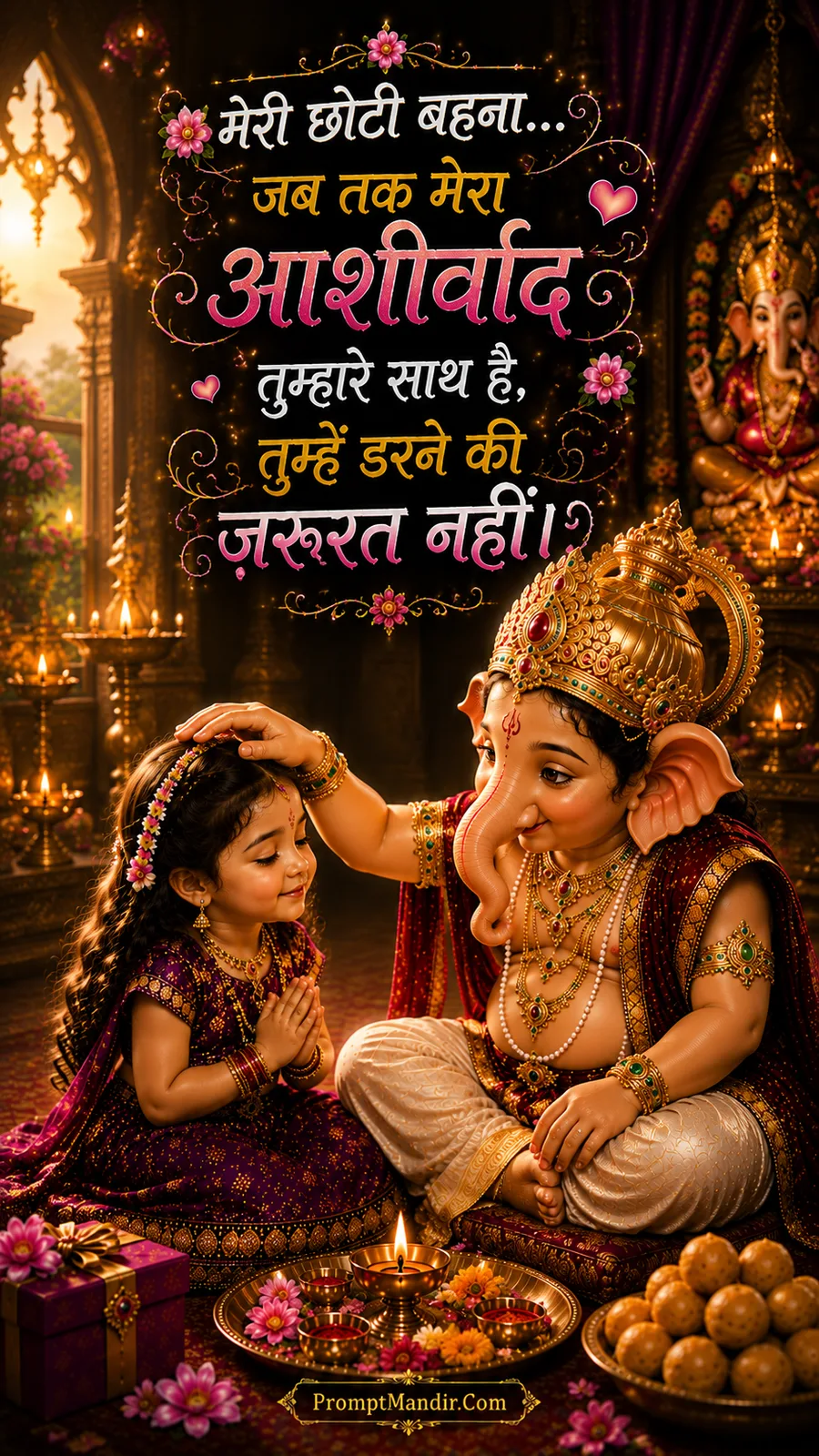 Adorable baby Ganesha placing his hand on his little sister's head, blessing her, with a message of protection and love.