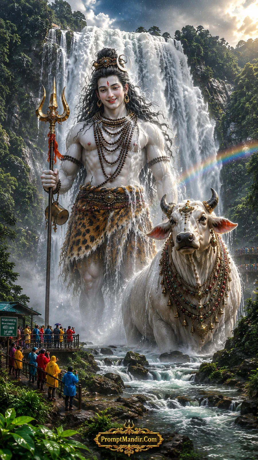Giant Lord Shiva standing behind a majestic waterfall with Nandi, as tourists watch in awe, and a rainbow arcs across the sky.