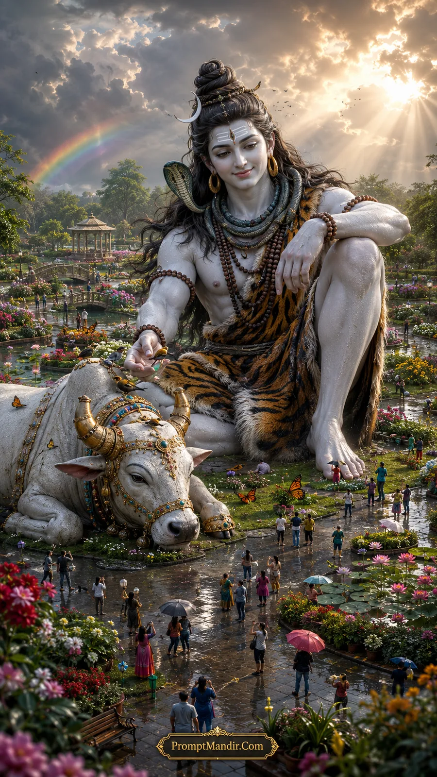 Giant Lord Shiva sitting in a blooming botanical garden, gently petting Nandi, while visitors walk around with umbrellas and butterflies flutter nearby.