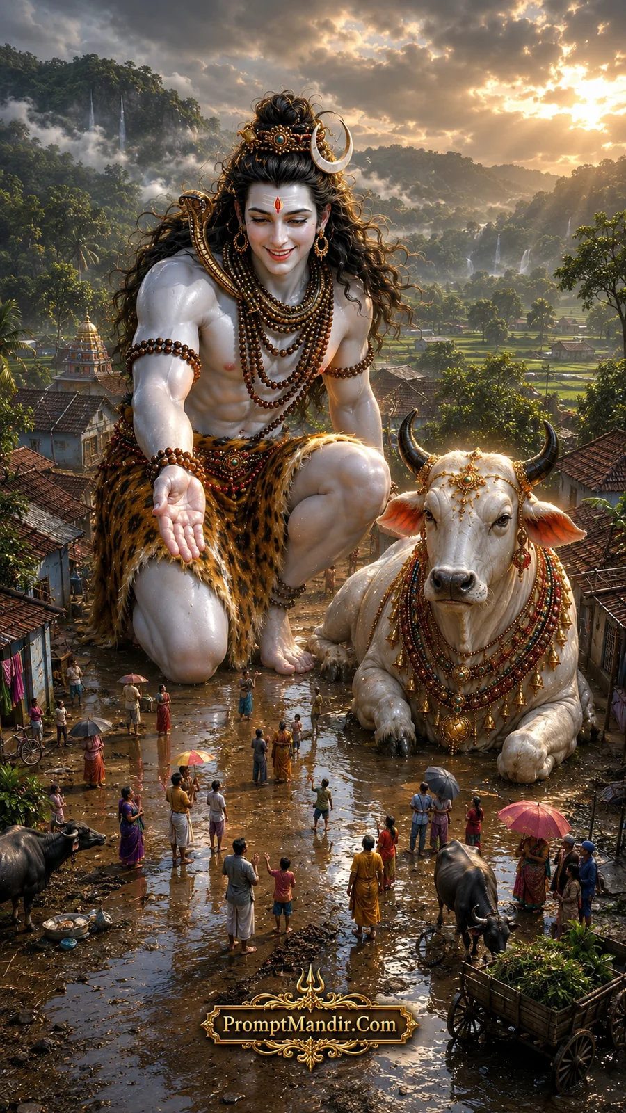 Giant Lord Shiva crouching with his palm open in a village street, with Nandi sitting beside him, as children and adults look up.