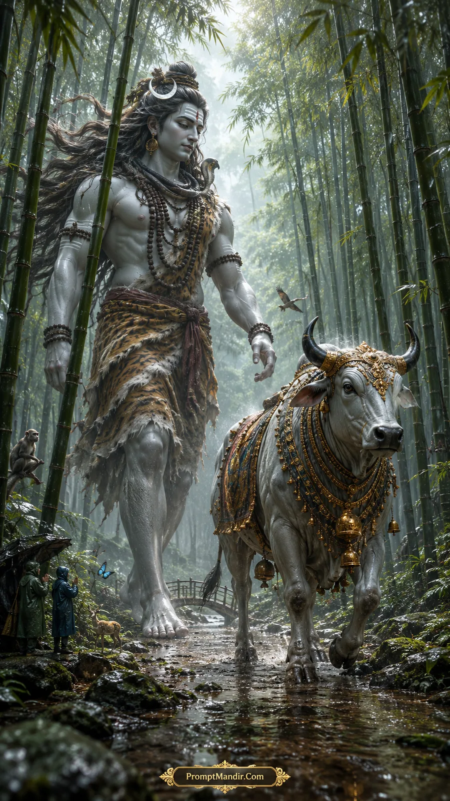 Giant Lord Shiva walking through a dense bamboo forest with Nandi, as monkeys and small figures look on.