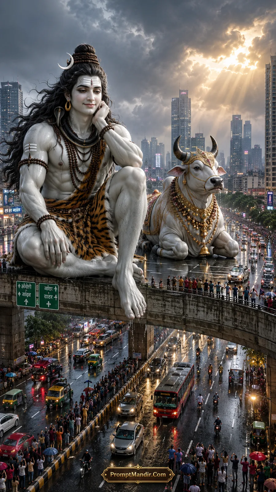 Giant Lord Shiva sitting on an urban flyover, watching the city traffic, with Nandi beside him, as people and vehicles pass below.