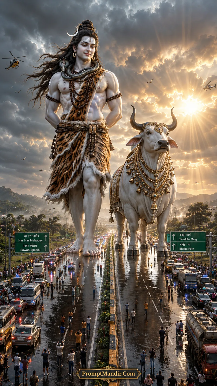 Giant Lord Shiva standing on a highway with Nandi, as traffic passes, and helicopters fly overhead.
