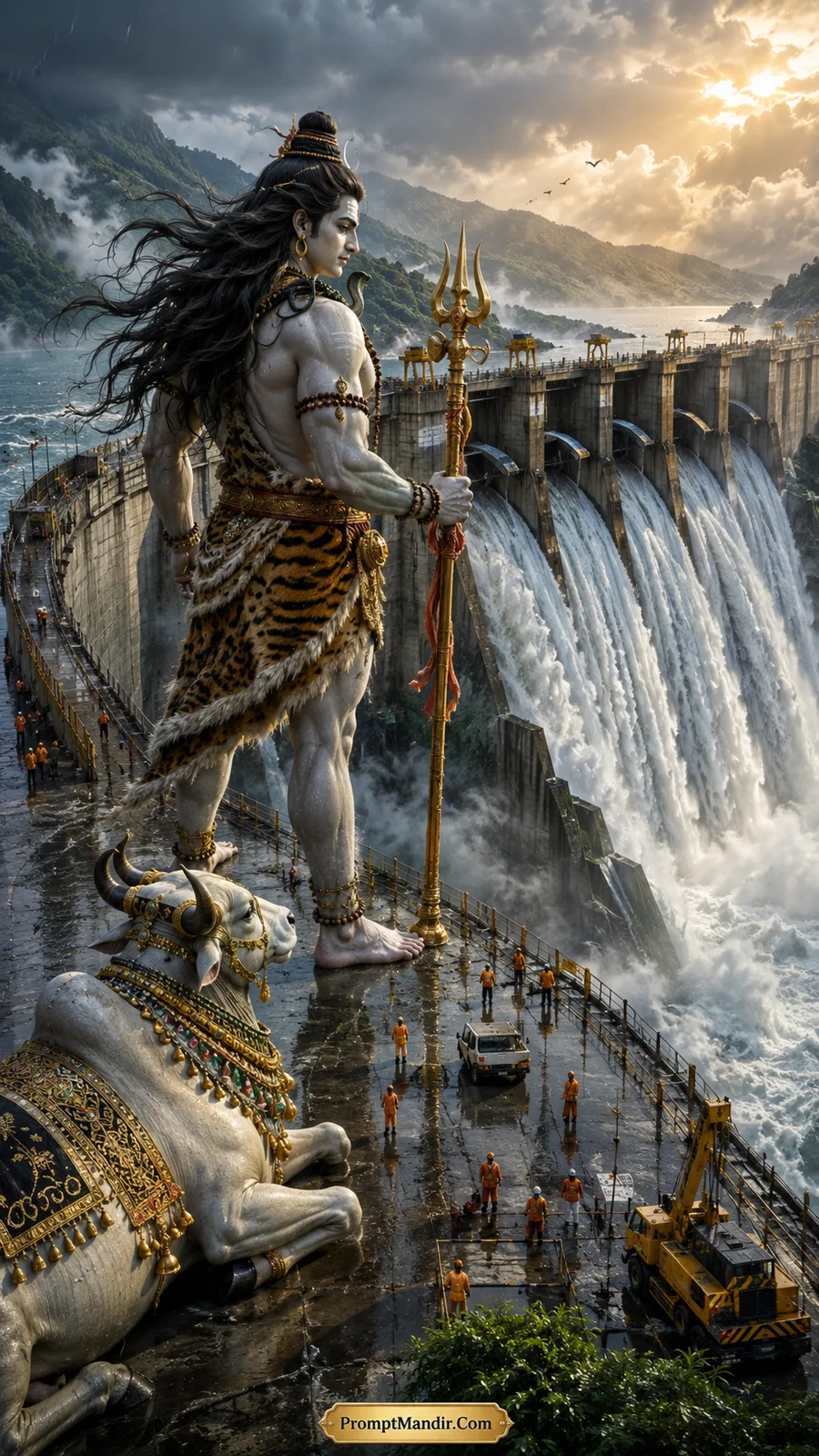 Giant Lord Shiva standing on a dam, holding his Trishul, looking out over the water, with Nandi and workers below.