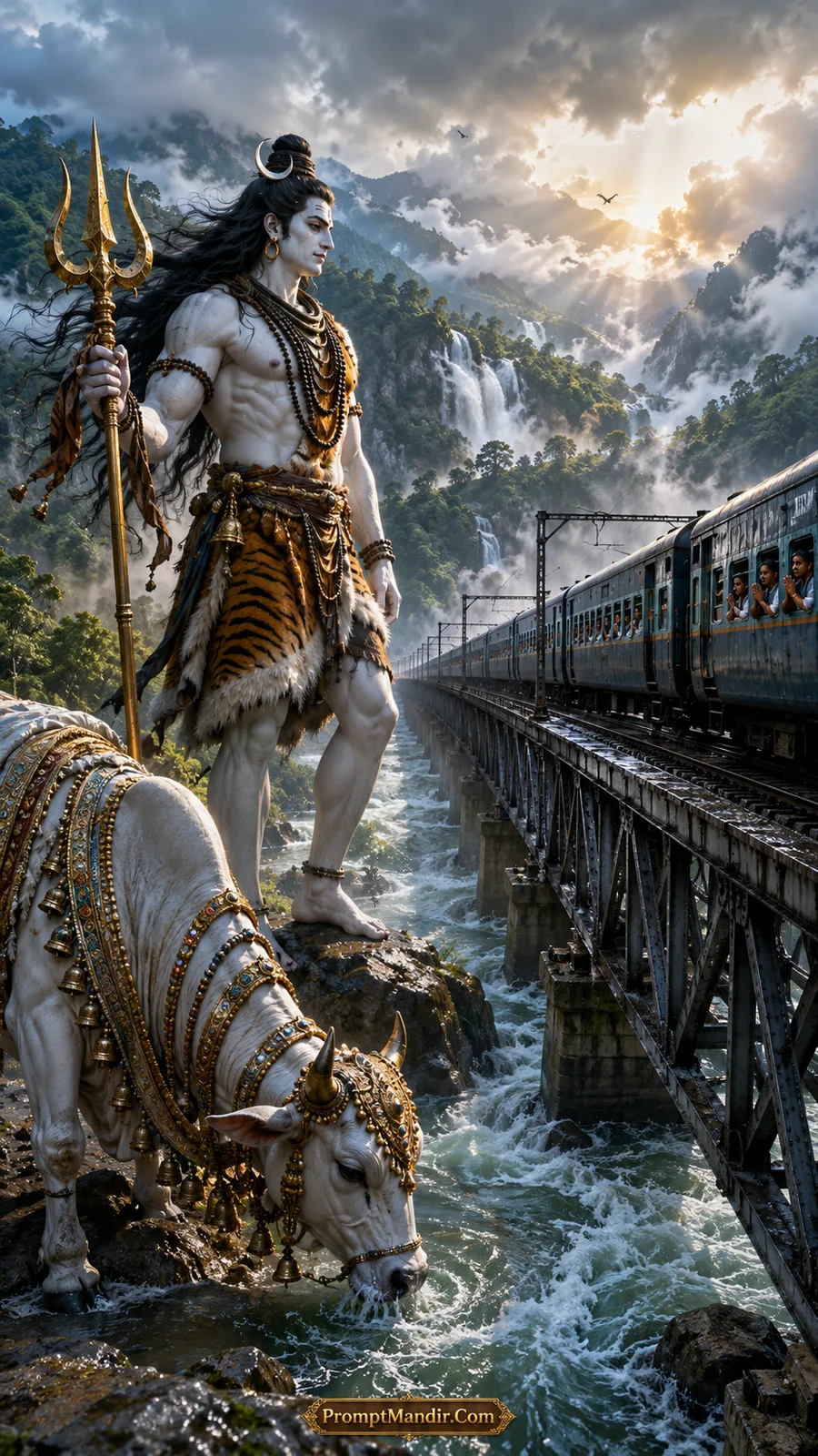 Giant Lord Shiva standing on a rocky riverside as a train passes over a bridge, with Nandi drinking water.
