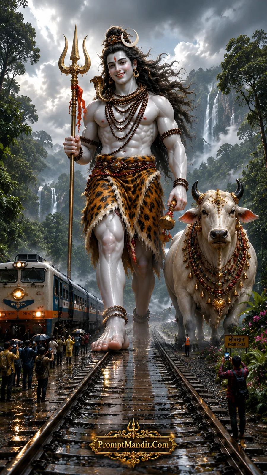 Giant Lord Shiva walking along a railway track with Nandi, while a train stops and people watch in awe.
