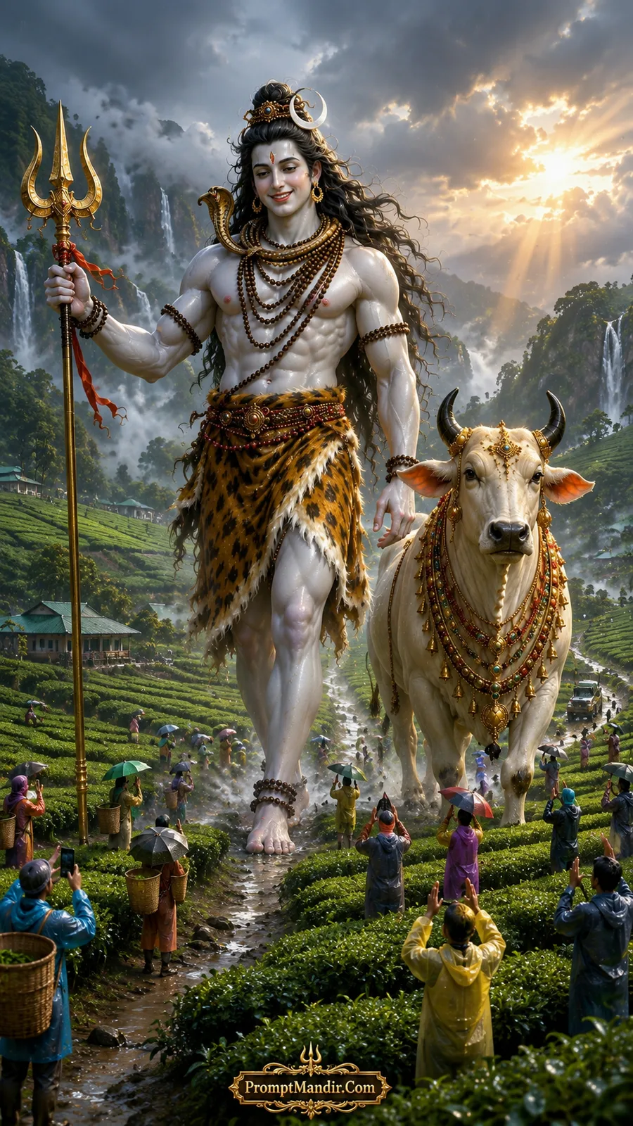 Giant Lord Shiva walking through a lush green tea estate with Nandi, as workers and tourists watch him.