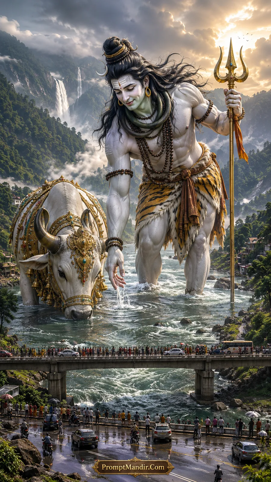 Giant Lord Shiva standing in a river, gently touching the water, with Nandi drinking, and a bridge full of onlookers.