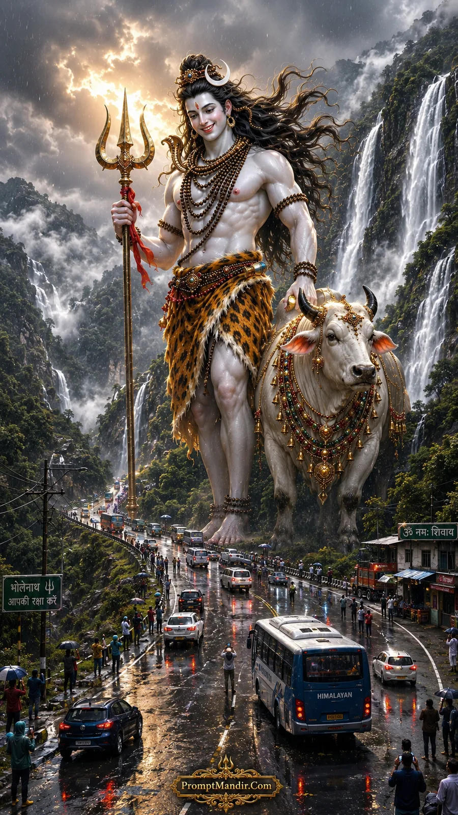 Giant Lord Shiva walking on a mountain road with Nandi, as a line of vehicles follows in the rain.