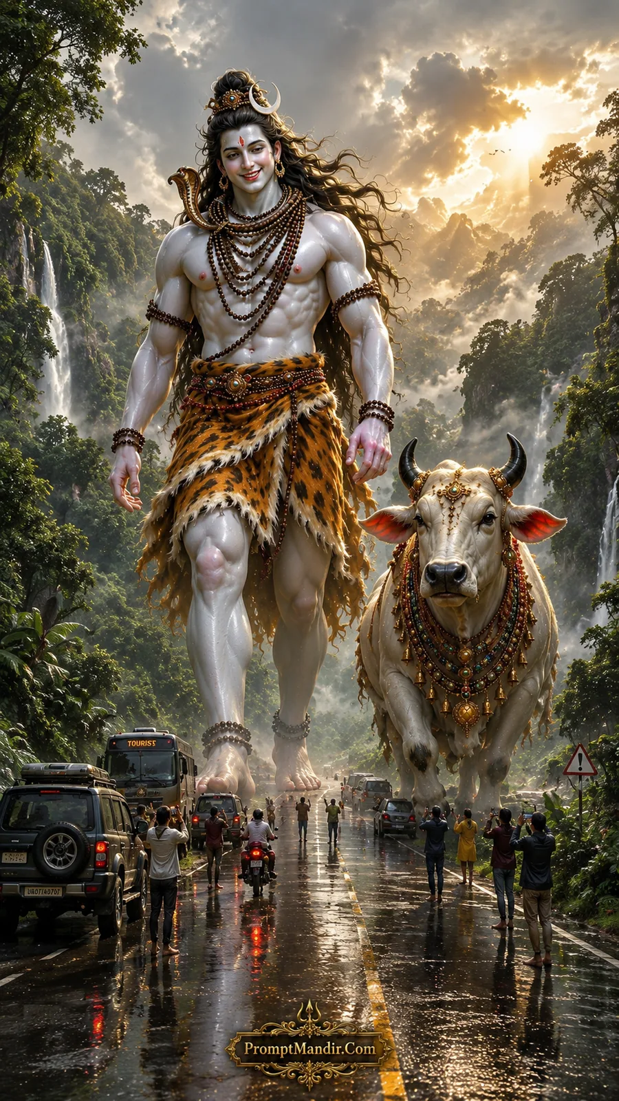 Giant Lord Shiva walking with Nandi on a wet road, as tourists and vehicles watch in awe.