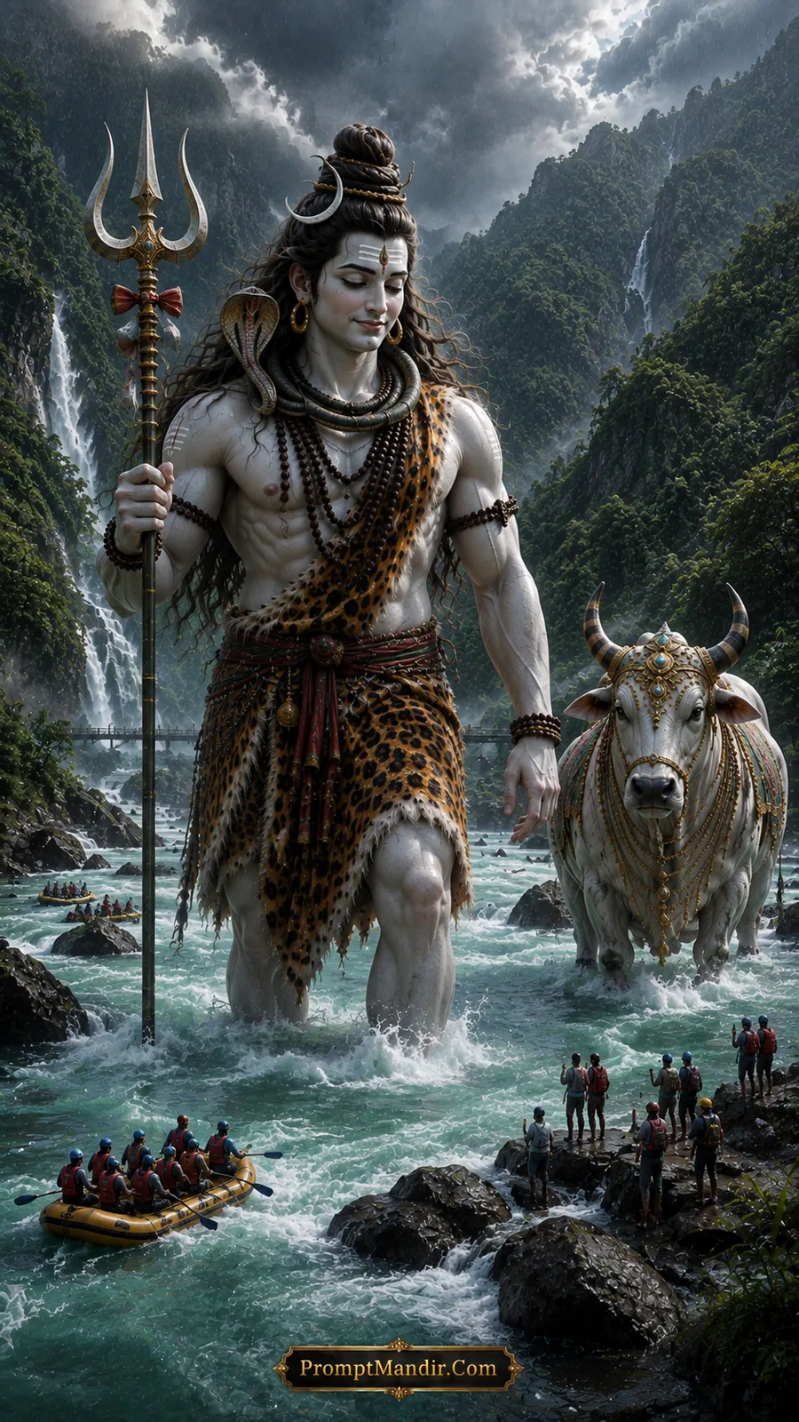 A giant Lord Shiva and Nandi standing in a rushing river, while tourists on rafts and on the riverbank look up at them