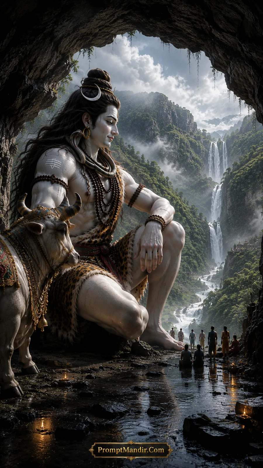 A giant Lord Shiva sitting at the entrance of a cave, looking out at a valley and waterfall, with Nandi beside him and tiny people below